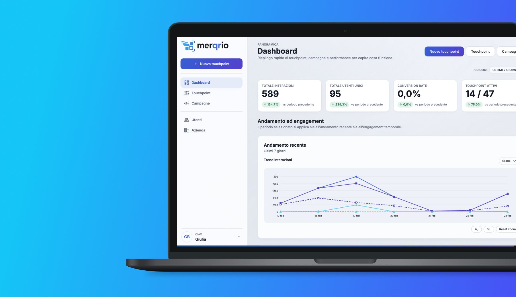 Mockup della dashboard del software merqrio