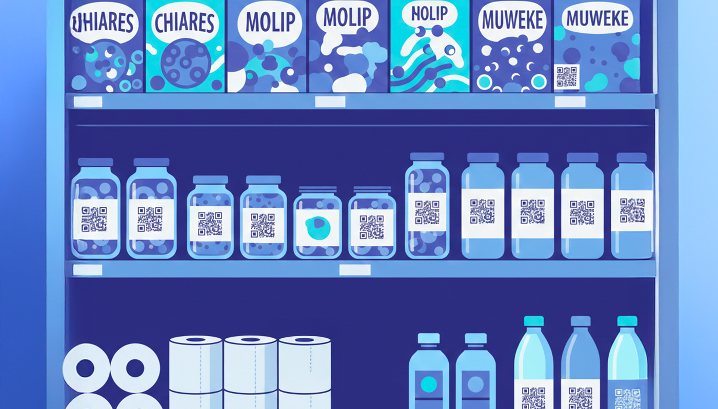 Illustrazione prodotti a scaffale in supermercato