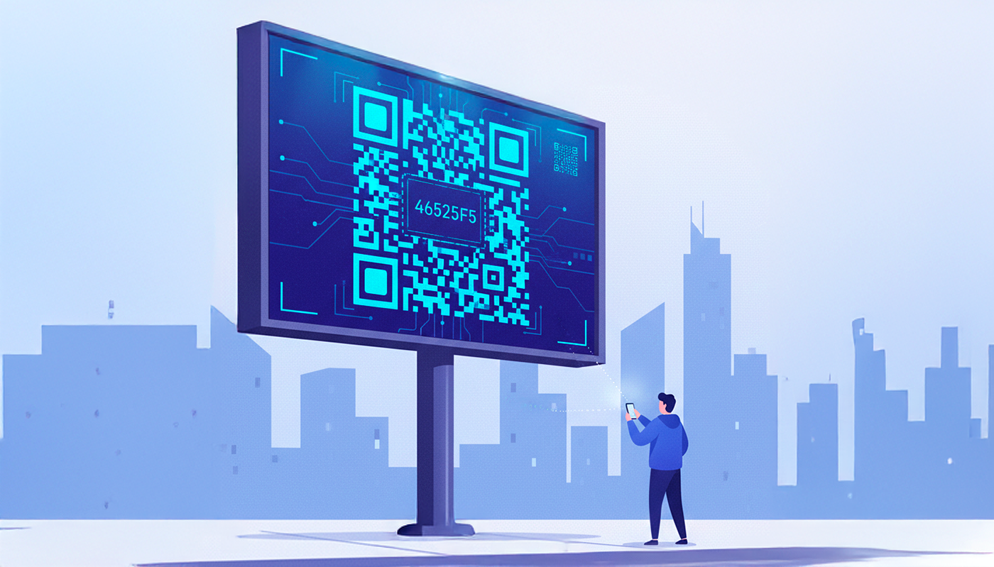 illustrazione di persona che scansiona un qr code su un manifesto per strada