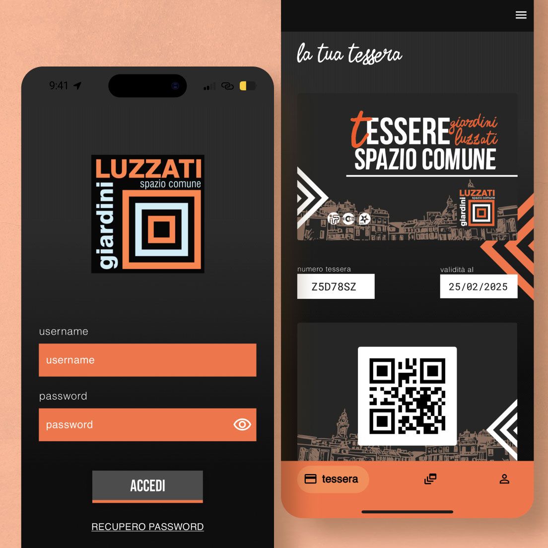 /cmsDue schermate dell'app Giardini Luzzati, login e tessera associativa digitale con codice e QR code