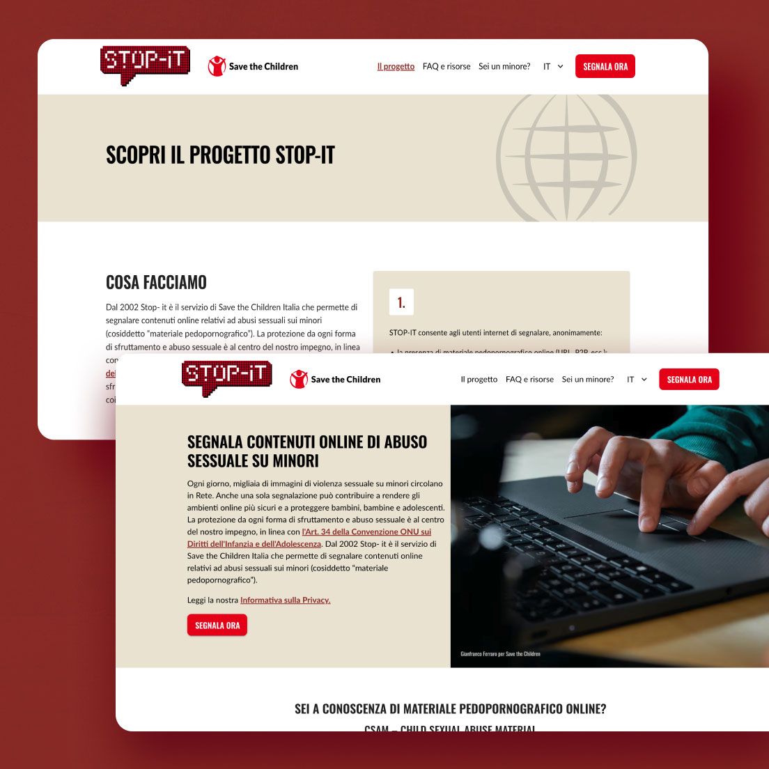 /cmsSchermate desktop dell'homepage e della pagina progetto del sito Stop-it.