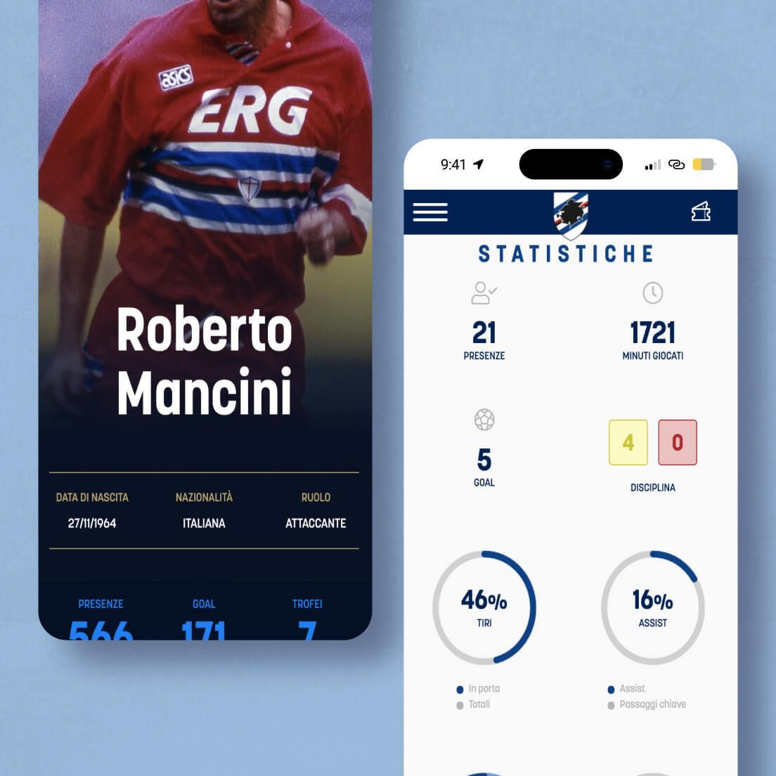 /cmsPagina con dati del singolo giocatore per il sito Sampdoria, in visualizzazione mobile