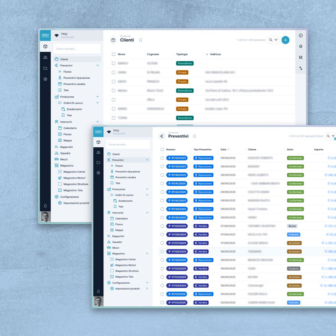 /cmsSchermate del software gestionale per tps2, visualizzazione clienti e ordini suddivisi per categorie