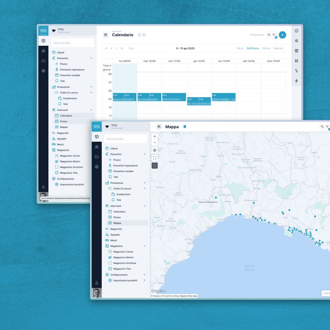 /cmsSchermate del software gestionale per tps2, visualizzazione mappa e calendario interventi