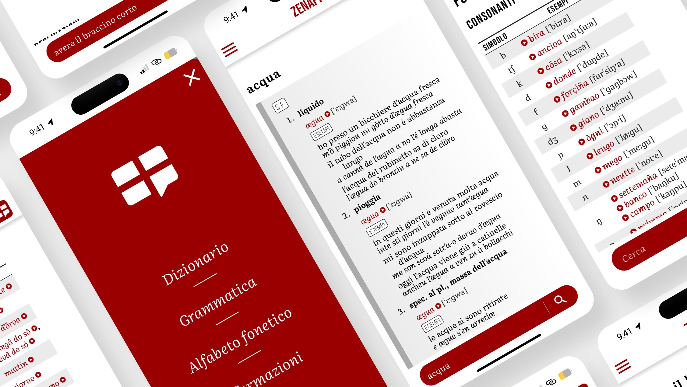/cmsMockup delle schermate dell'app zenapp con visualizzazione dei lemmi e delle voci menu principale