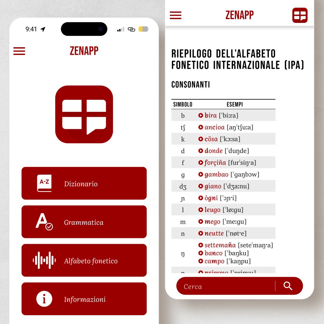 /cmsMockup delle schermate dell'app zenapp con alfabeto fonetico e le voci del menu principale