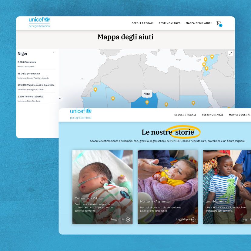 /cmsdue schermate del sito web visualizzazione desktop con la mappa degli aiuti e tre testimonianze di bambini aiutati da Unicef