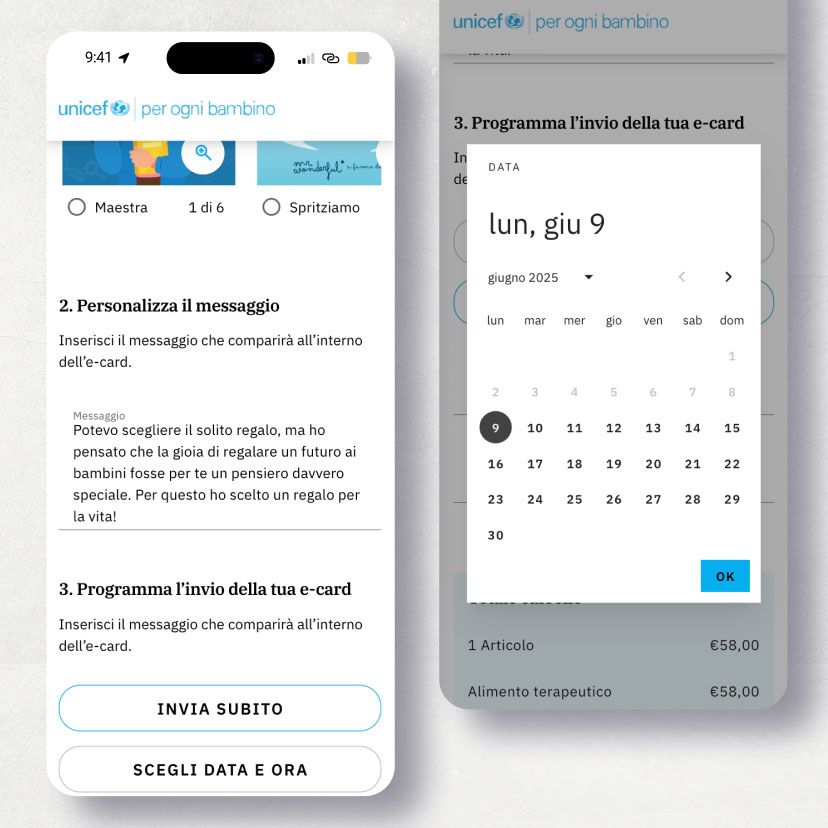 /cmsSchermate mobile che mostrano la possibilità di personalizzare data e ora dell'invio dell' e-card